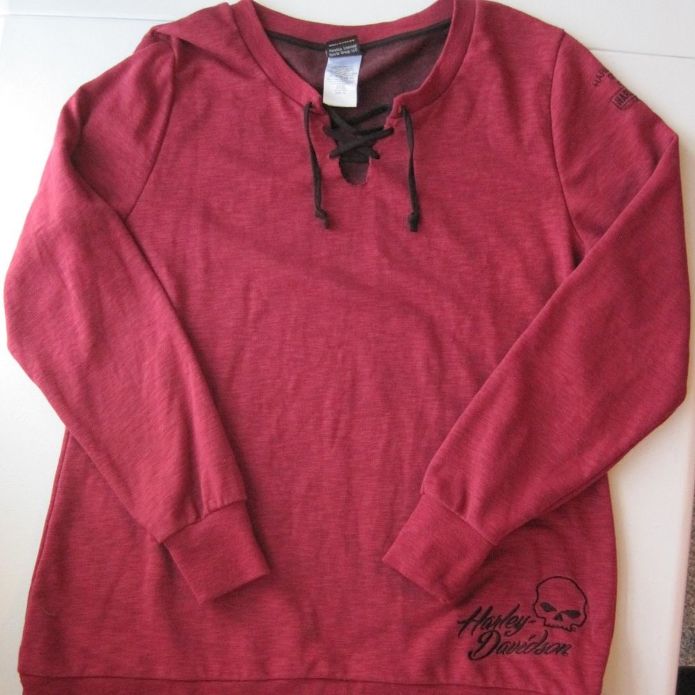 Women's Harley Davidson Red Long-sleeved Shirt Black Laces Skull sz XL